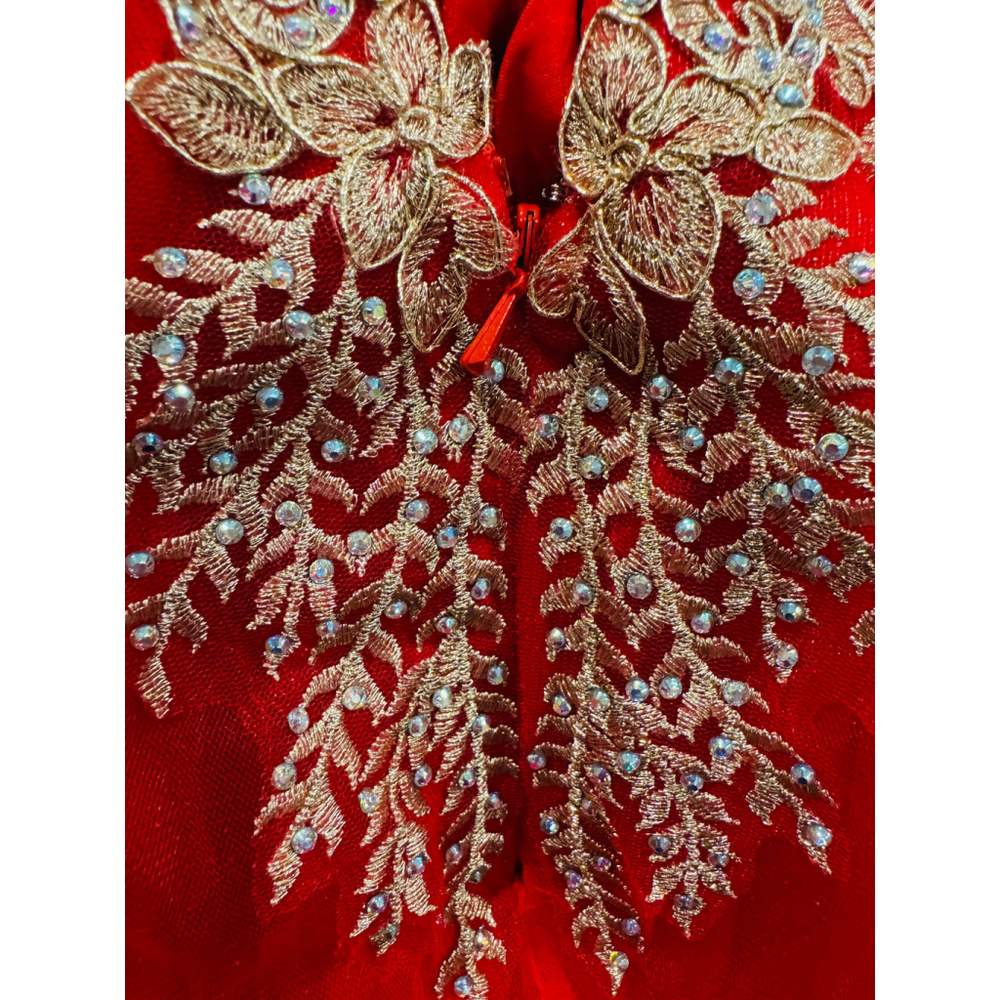 Chicas Red & Gold Ball Gown Dress | Size Large | Off-Shoulder Glitter Tulle - Picture 5 of 16